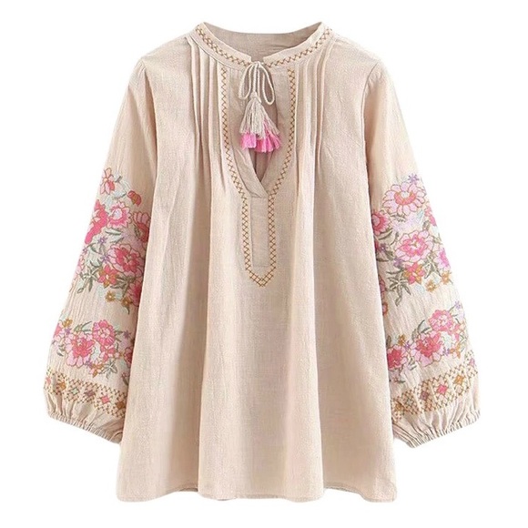 Bohemian blouse floral embroidery top linen cotton tassel cream lantern sleeve - Picture 2 of 7